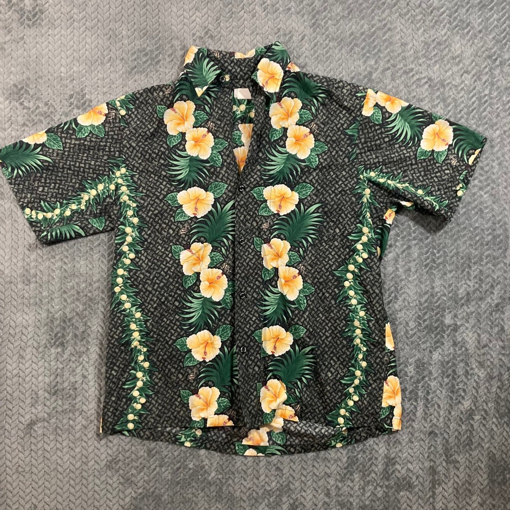 Mamo Howell Shirt Mens XL Aloha Hibiscus Lei Black Floral Button down Vintage